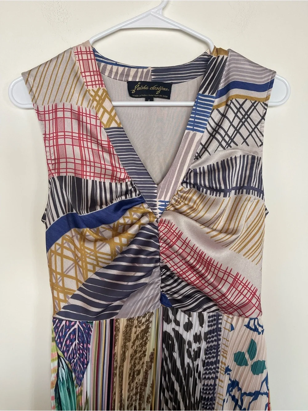 Anthropologie Geisha Designs Jacinta Pleated Satin Patchwork Print Midi Size 4 - Picture 5 of 11